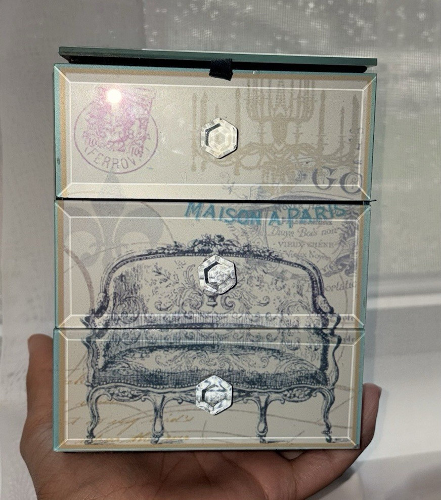 Vintage 3-Drawer glass Jewelry Box Organizer, Paris Theme, Velvet Lined
