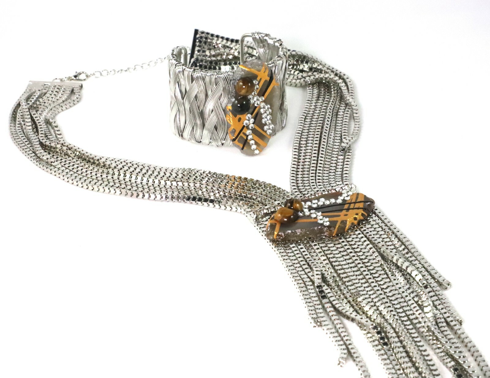 Silver Plated Long Necklace and Bracelet Agate TIGER EYE by Patricia Adelson