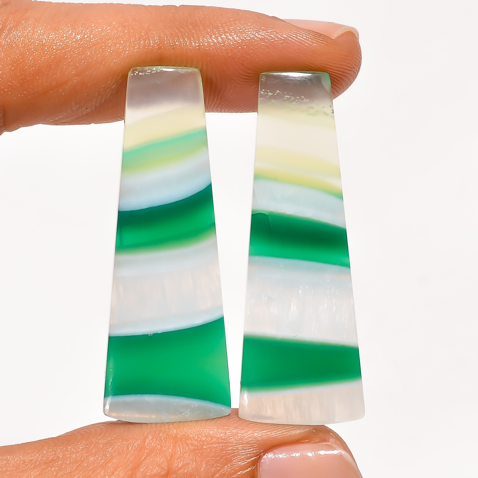 Green Banded Agate Gemstone Matching Pair 42x15mm Fancy Shape Earrings Stone