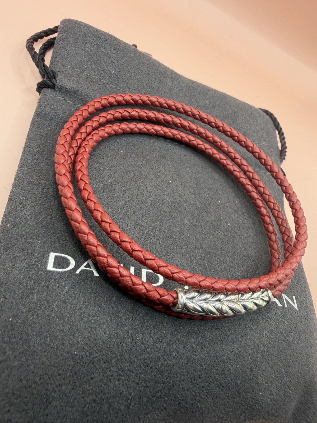 David Yurman Sterling Silver Leather Chevron Triple Red Wrap Bracelet Medium