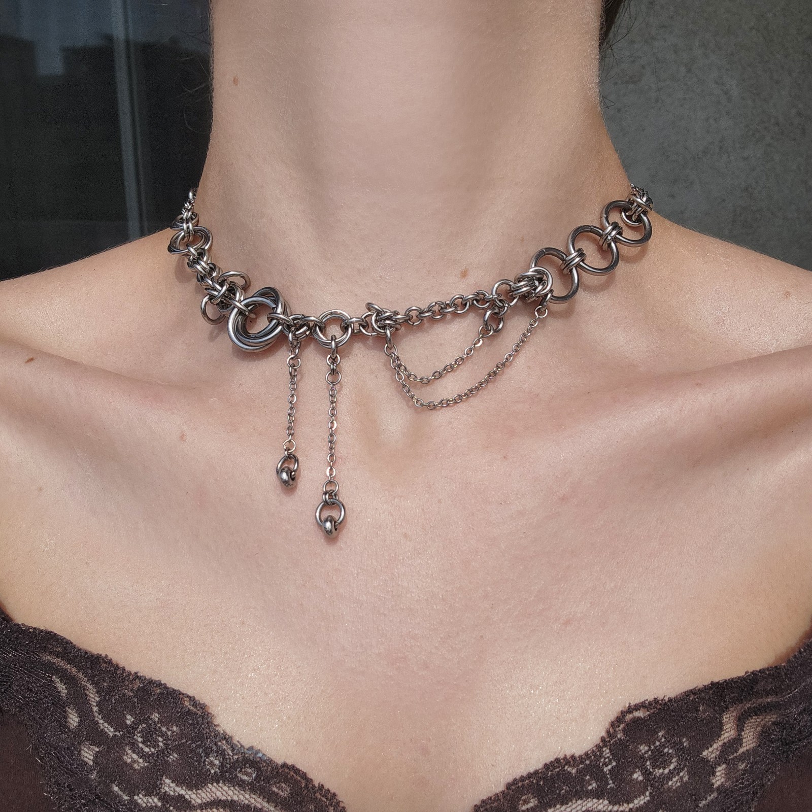 Gothic asymmetrical stainless steel chainmail necklace