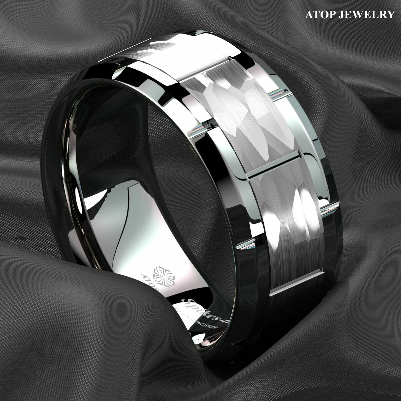 Silver Brushed Hammered Tungsten Carbide Ring for Men Wedding Band ATOP Jewelry