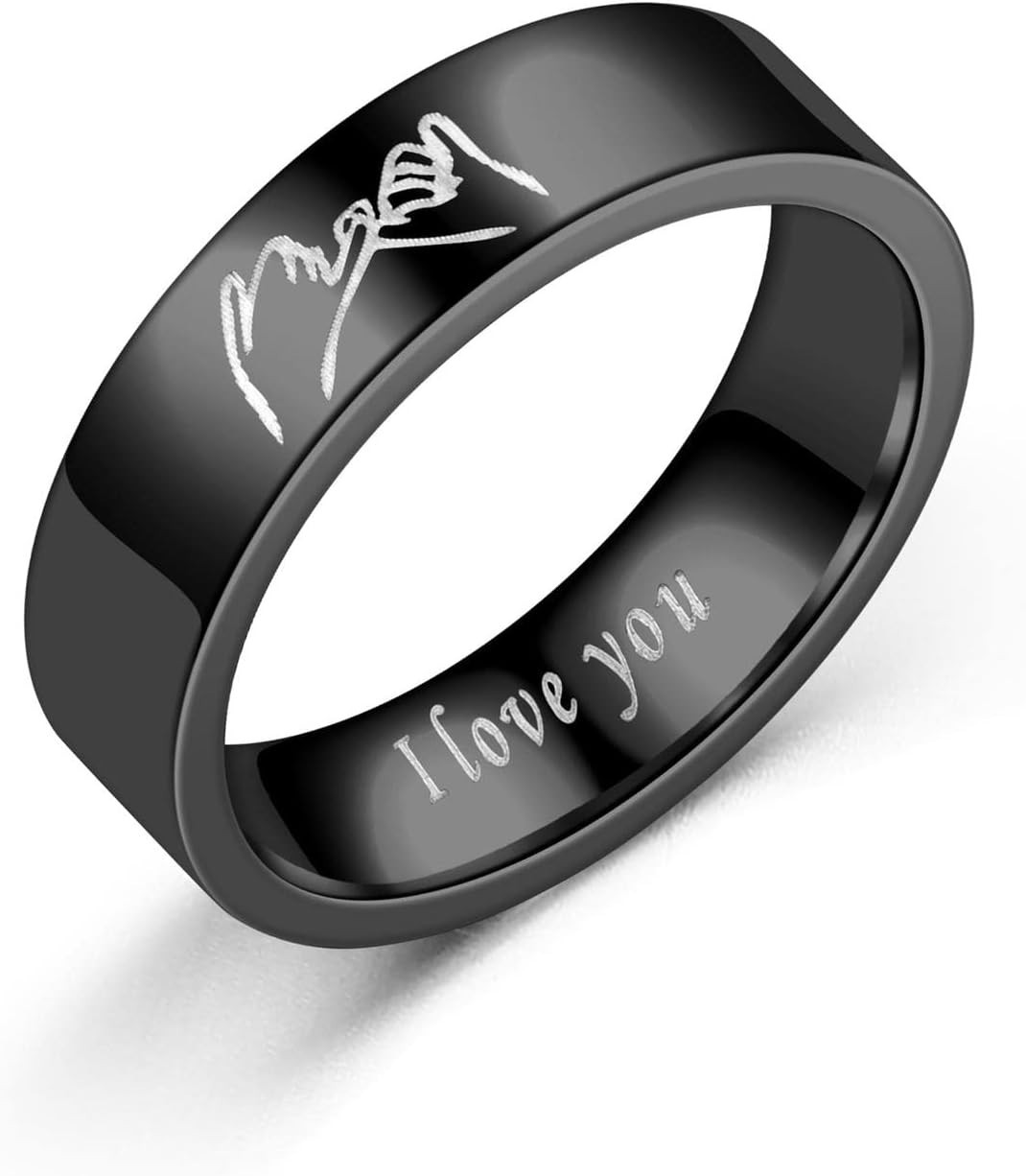 Unisex High Polish Couple Rings – Black I Love You Carved Wedding Band Size 10