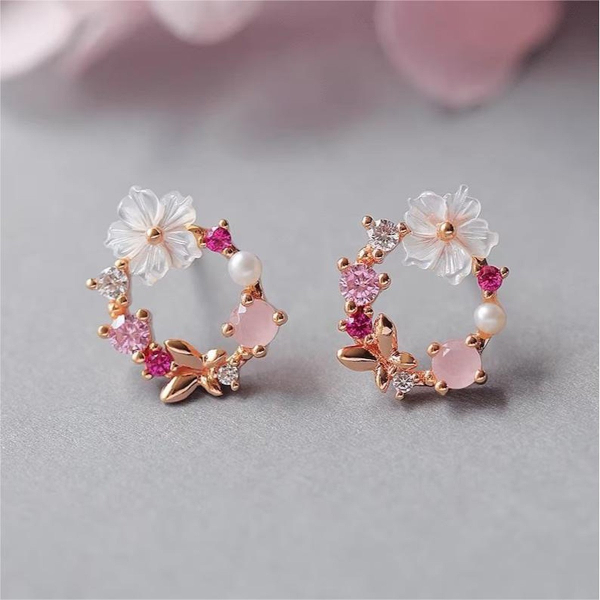 Natural Pearl Crystal Flower Post Earrings Rose Gold Butterfly Stud Earrings