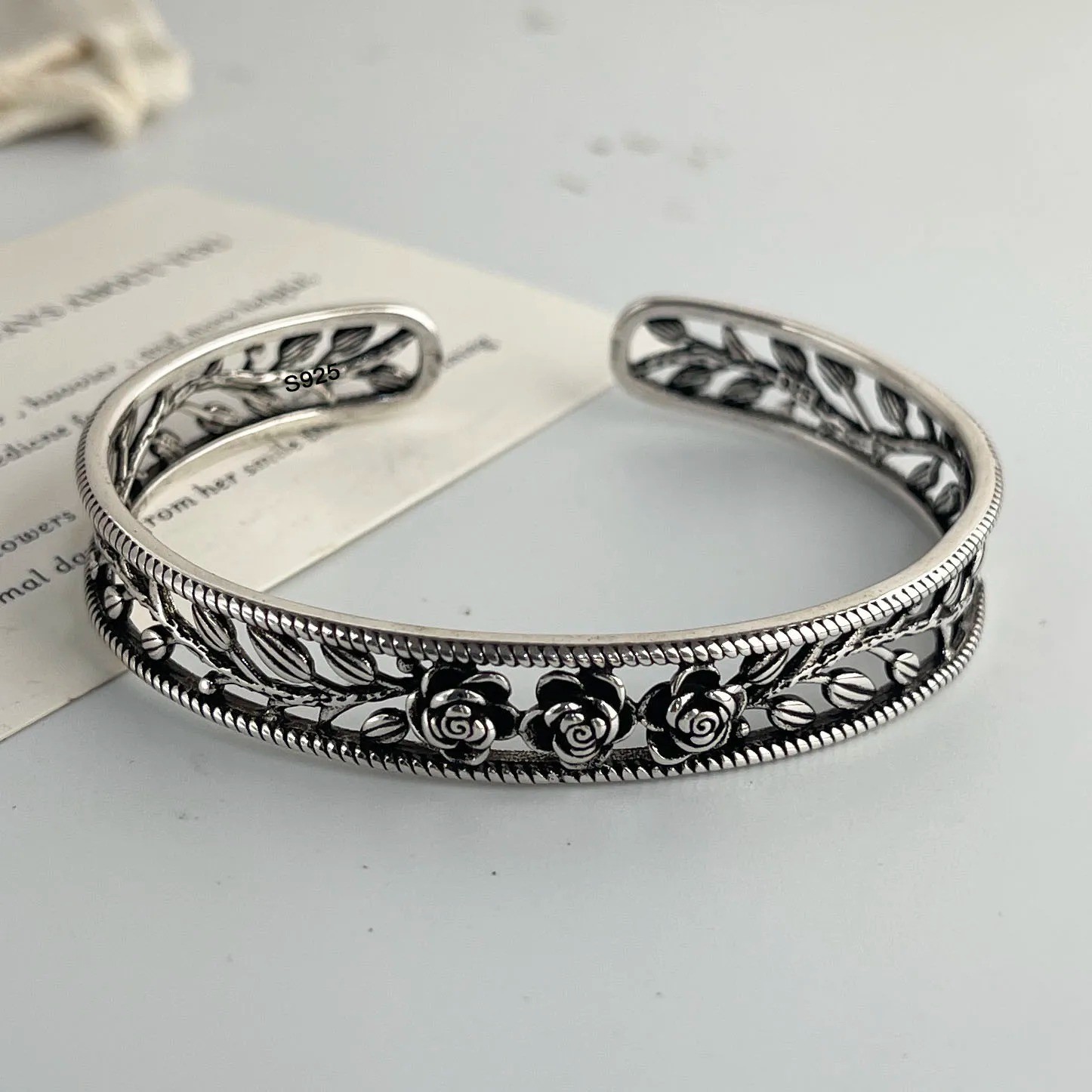 Vintage Flower Retro Rose Cuff Bangle Set Sterling Silver Women Jewelle Bracelet