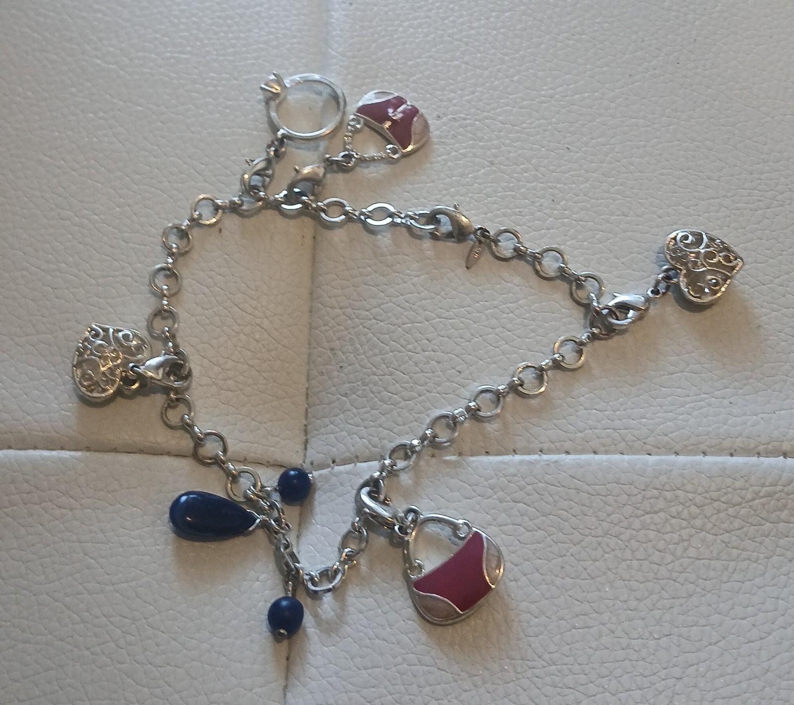 Silver Tone Heart Dangle Charm Chain Bracelet Blue Pink Enamel Lobster Clasp