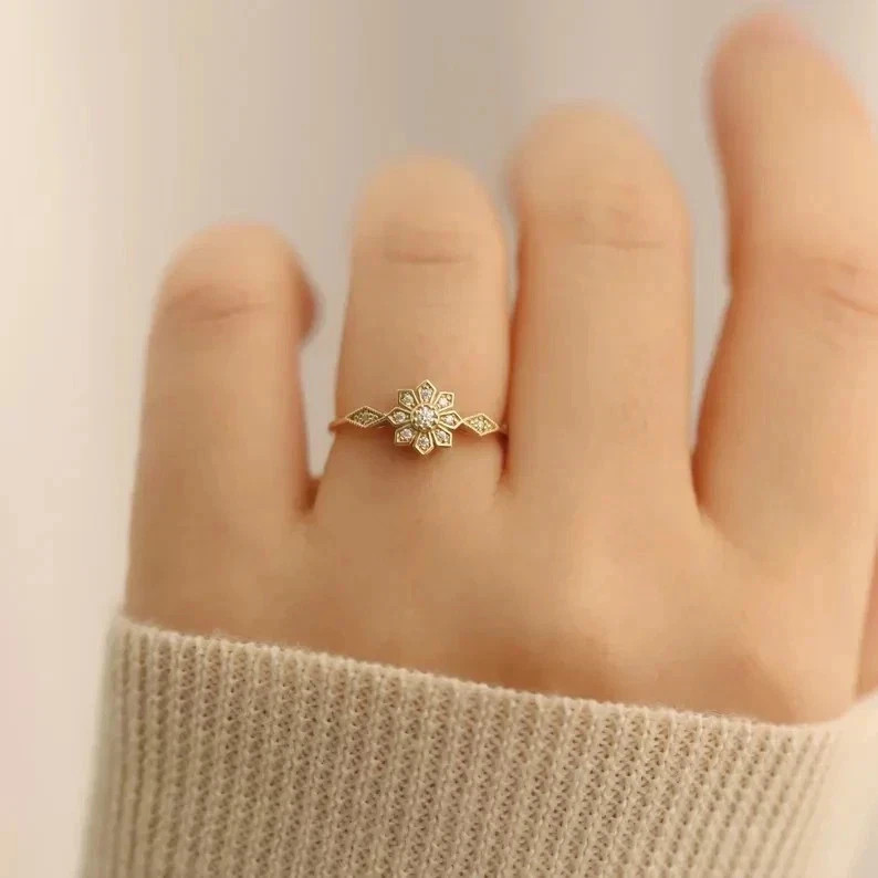 Art Deco Style Round Lab Created Diamond Wedding 14K Yellow Gold FN Floral Ring
