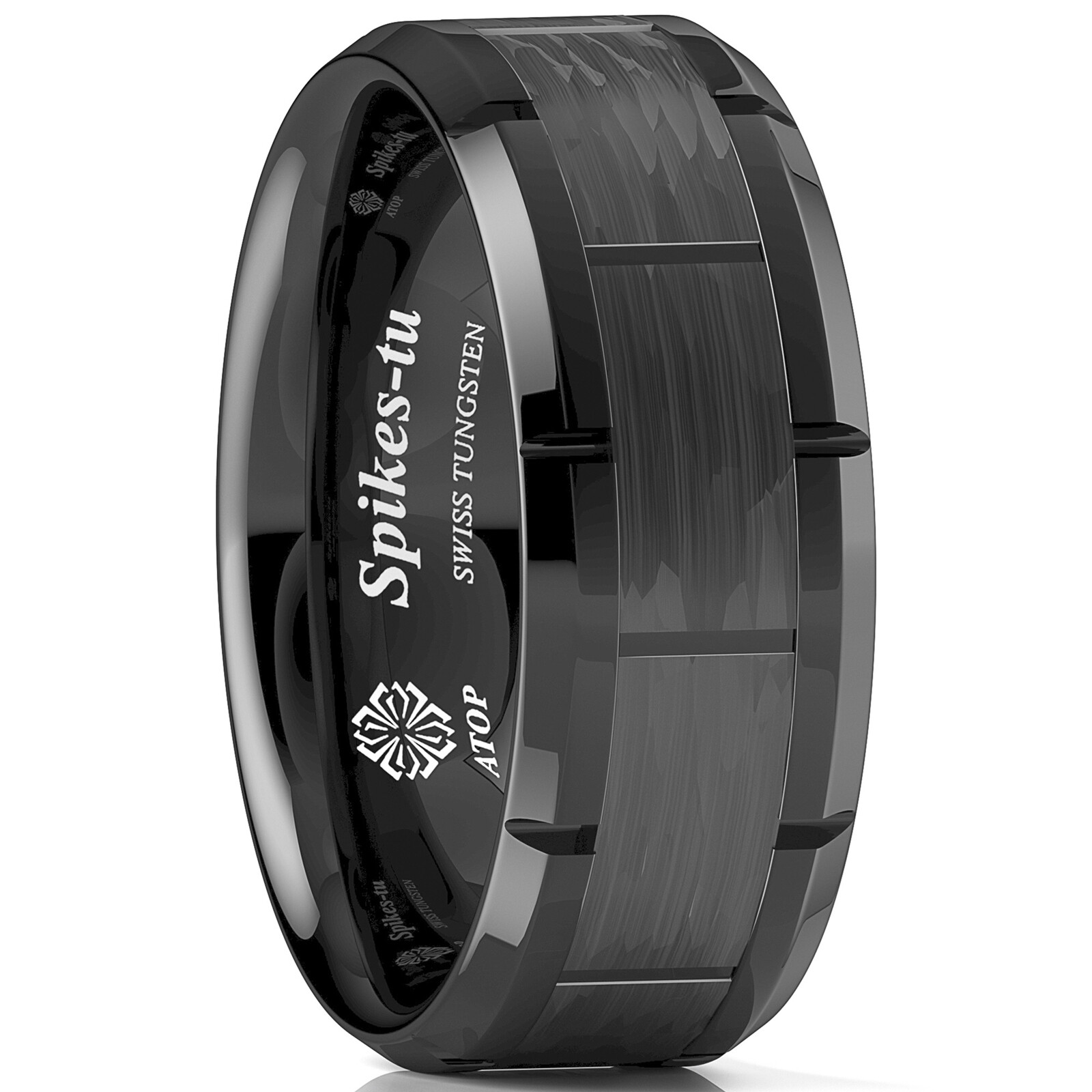 8mm Black Tungsten Ring Hammered Pattern Brushed Wedding Band ATOP Men Jewelry
