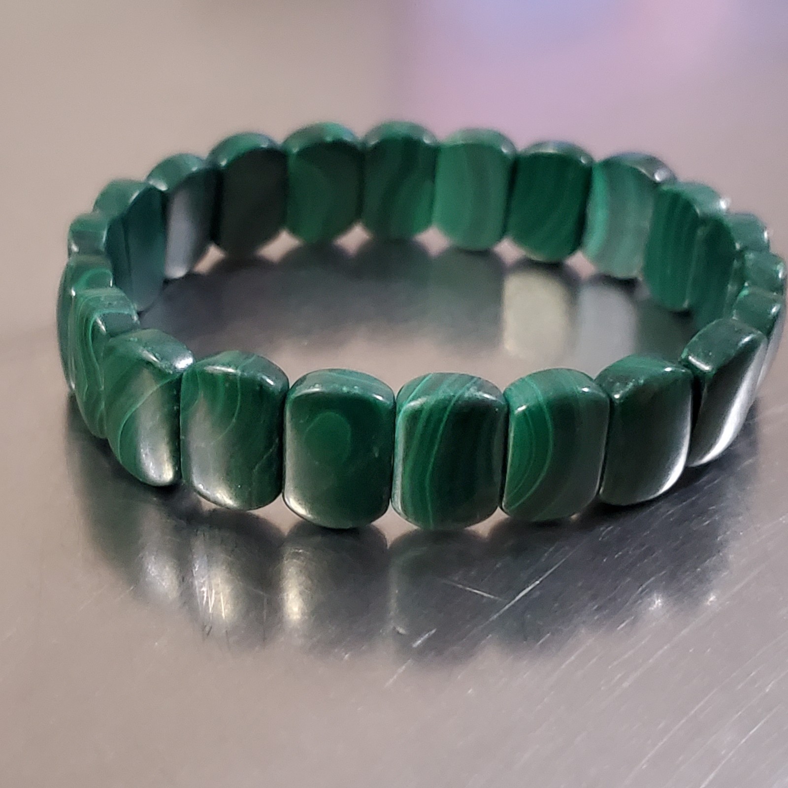 Malachite Bracelet Natural Green Gemstone Rounded Rectangle Bead Stretch 6.5 in