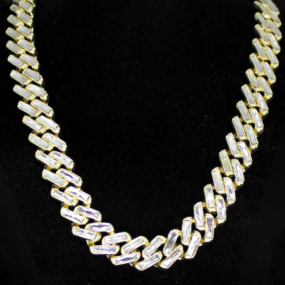 Mens 16mm Iced Baguette CZ Square Miami Cuban Link 14k Gold Plated Necklace