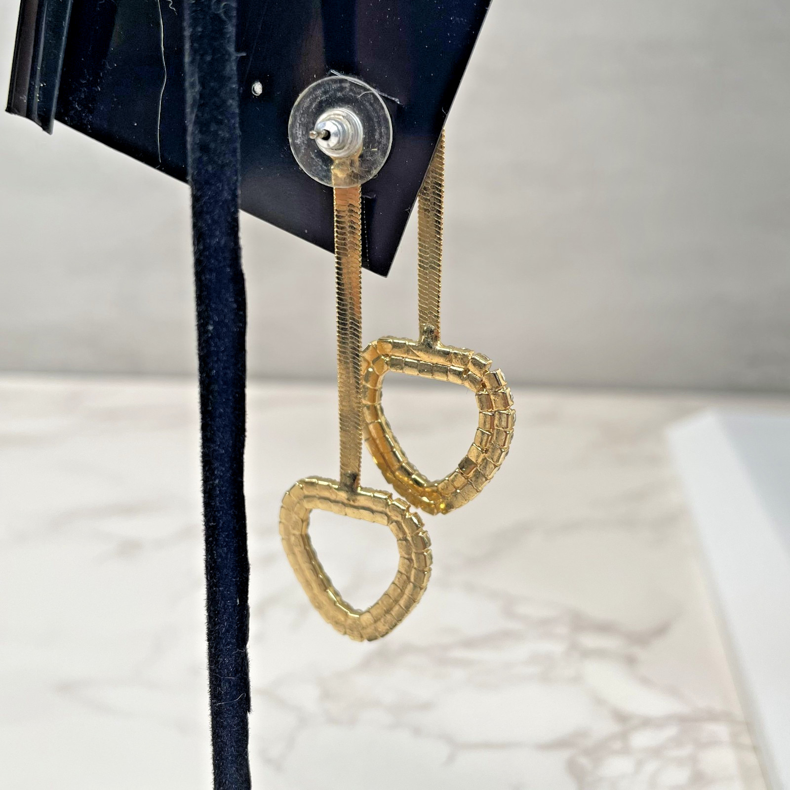 Gold Tone Herringbone Chain Drop Earrings Pave Rhinestone Open Heart Ball Stud