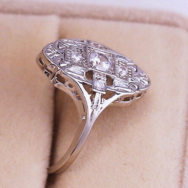 Elegant 925 Sterling Silver White Topaz Charm Wedding Engagement Ring Size 7