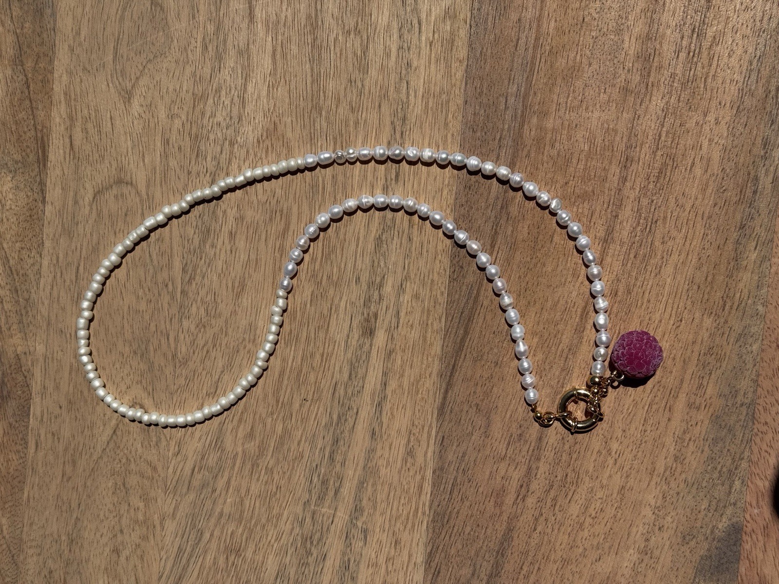 Asymmetrical Pearl & Beaded Necklace with Hand-Sculpted Raspberry Pendant
