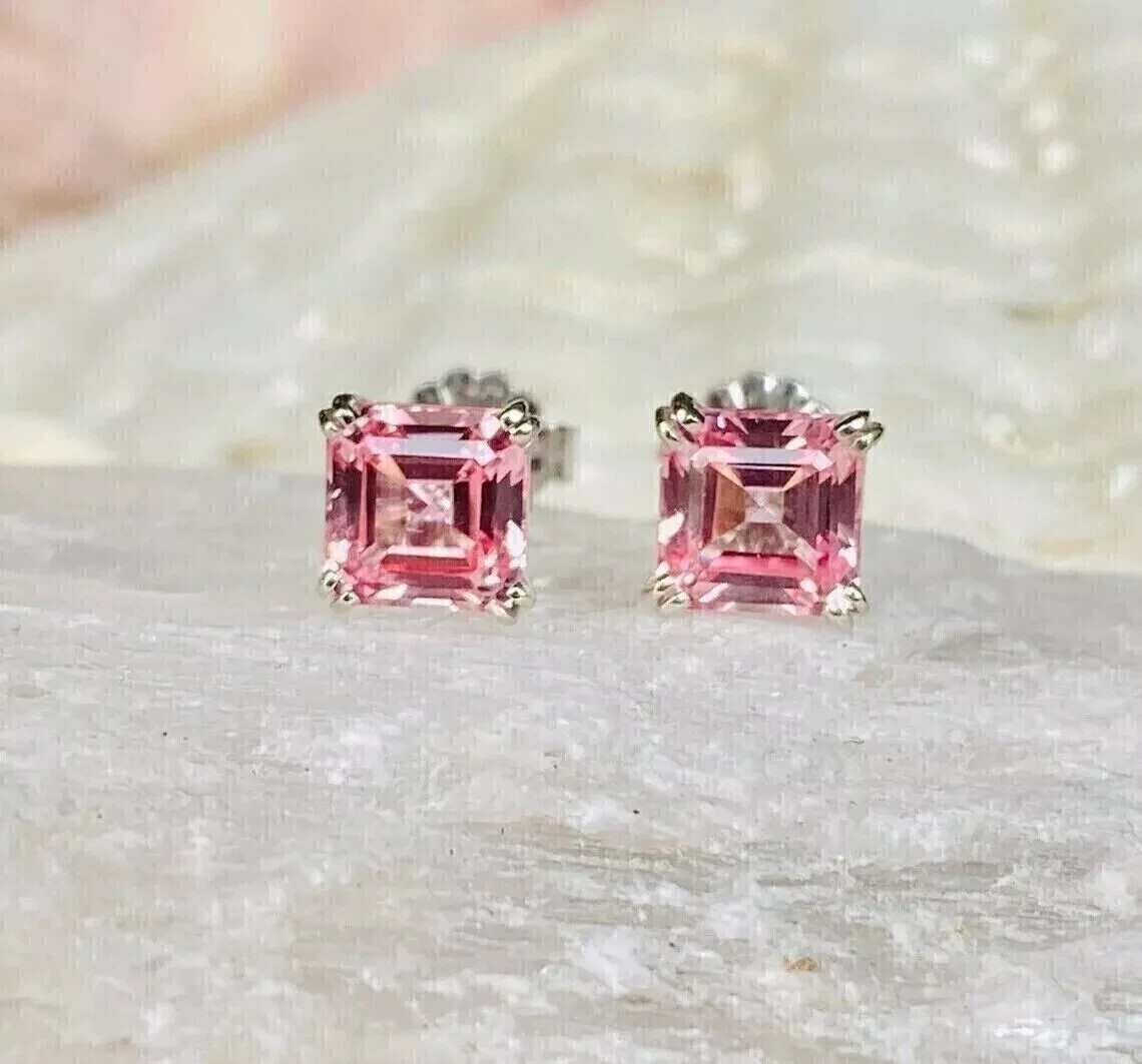 Pink Diamond 1.50Ct Asscher Cut Lab Created Stud Earrings 14K White Gold Plated