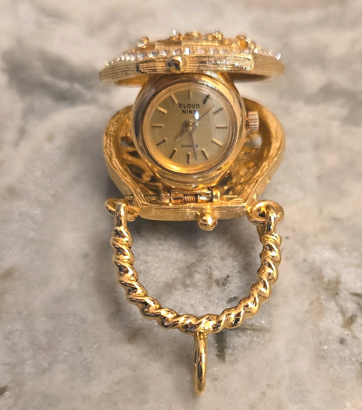 Cloud Nine Quartz Gold Tone Opening Locket Pendant Wristwatch, 12-Hour Dial