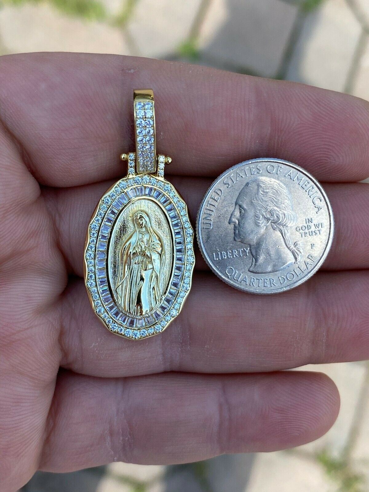 925 Sterling Silver Virgin Mary Necklace Pendant CZ Medallion Icy Chain Baguette