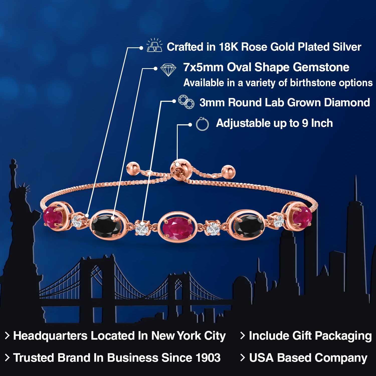 18K Rose Gold Plated Silver Ruby and Black Sapphire and Lab Grown Diamond