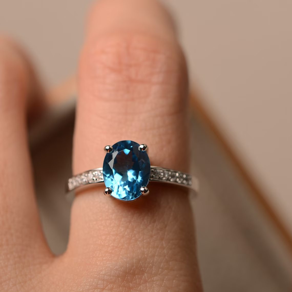 2CT Blue Topaz Oval Gemstone 925 Silver Plated Dainty Pave Ring Duty Free