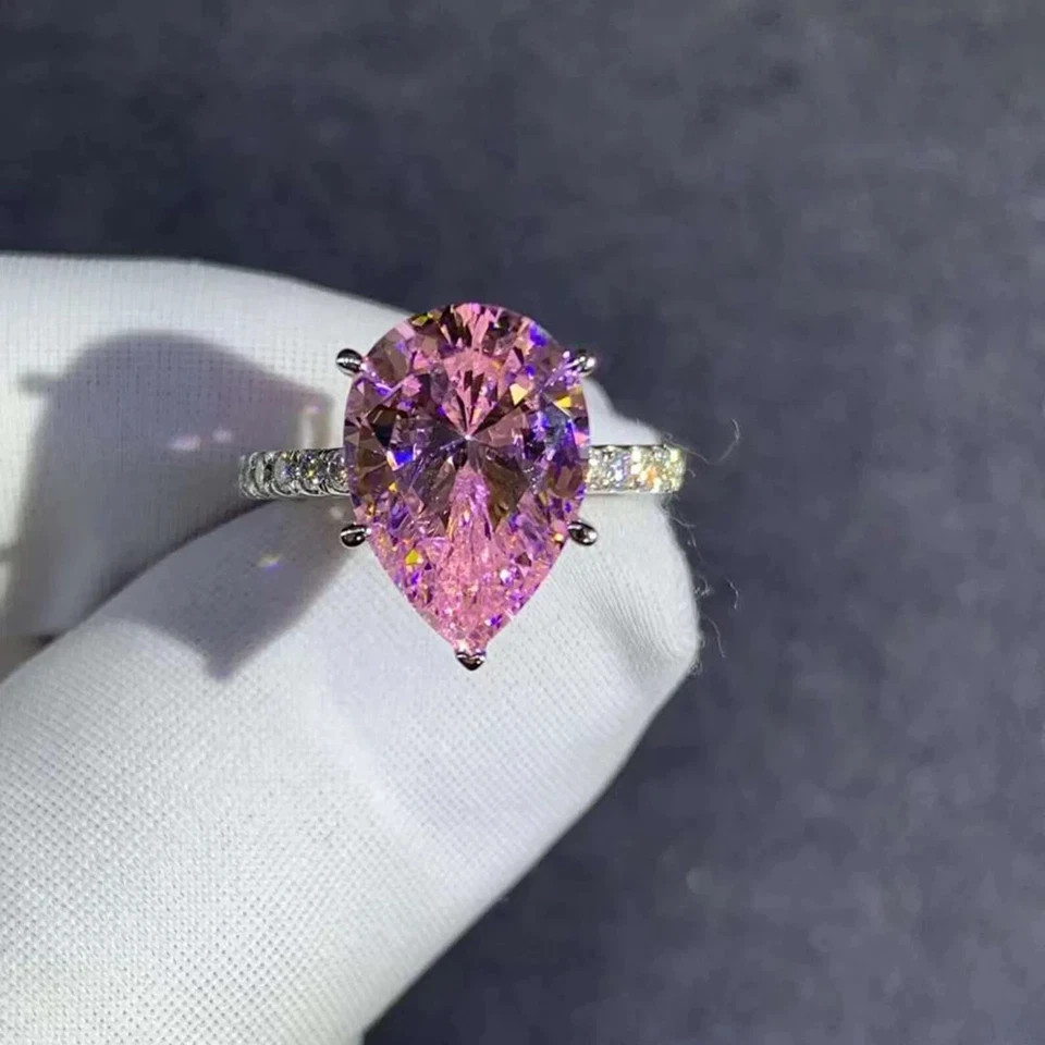 6.50 Ct Pear Cut Natural Pink Sapphire Diamond Ring 14K Solid White Gold Size 7