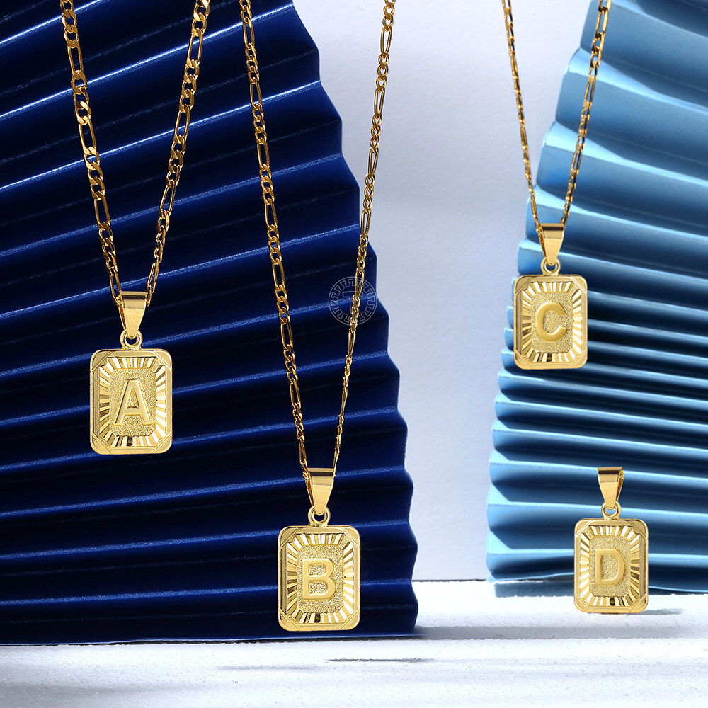 18″ Gold Plated Initial Letter Pendant Necklace Stainless Steel Figaro Chain Hot