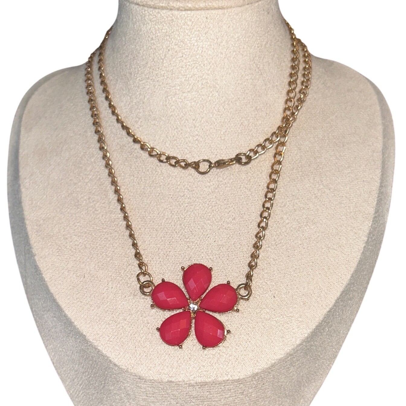 Gold Tone Pink Flower Pendant Necklace Faceted Stone Floral Y2K Jewelry
