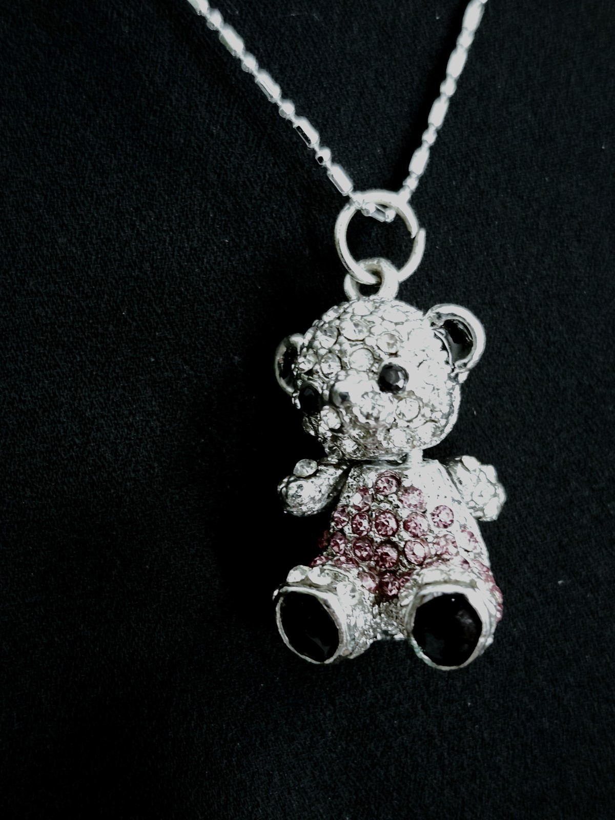 Silver Toned Teddy Bear Chrystal Pendant Necklace With Moving Head Pink White S