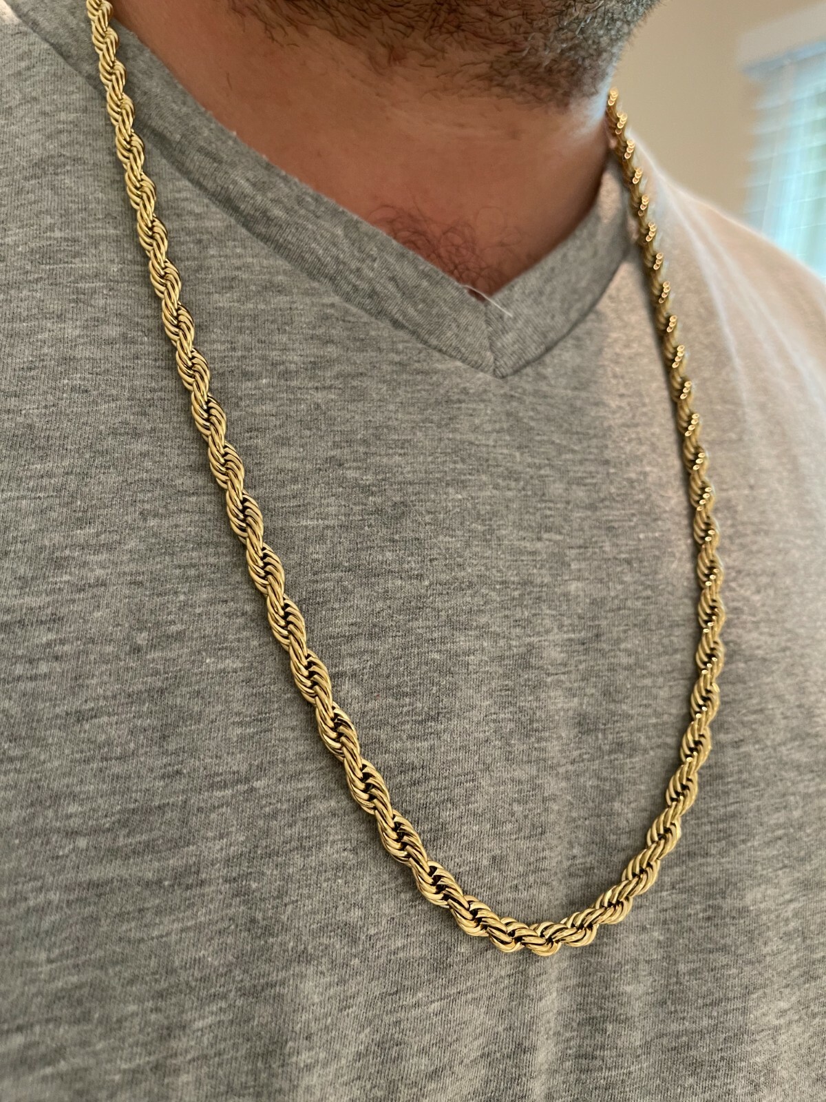 Men’s Real Rope Chain Necklace 14k Gold Plated Stainless Steel – 2mm-6mm 18-30″