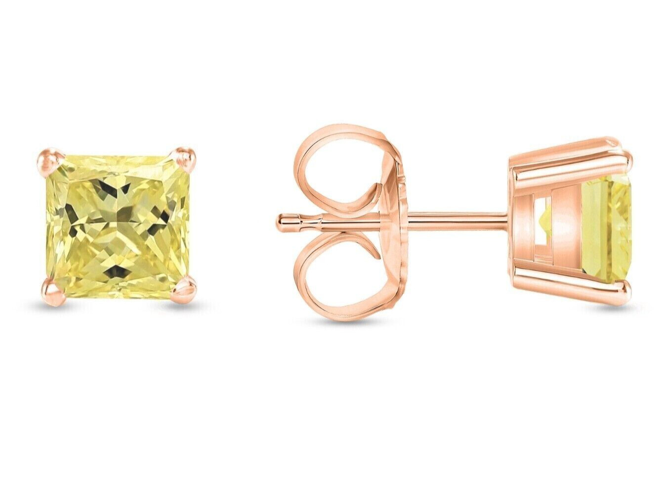 4 Ct Certified Princess Cut Natural Yellow Diamond Studs VVS1 Rose Gold Finish