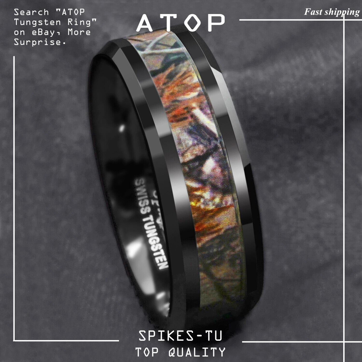 Black Tungsten Men’s Red Forest Camouflage Camo Hunting ATOP Band Ring Size 6-13