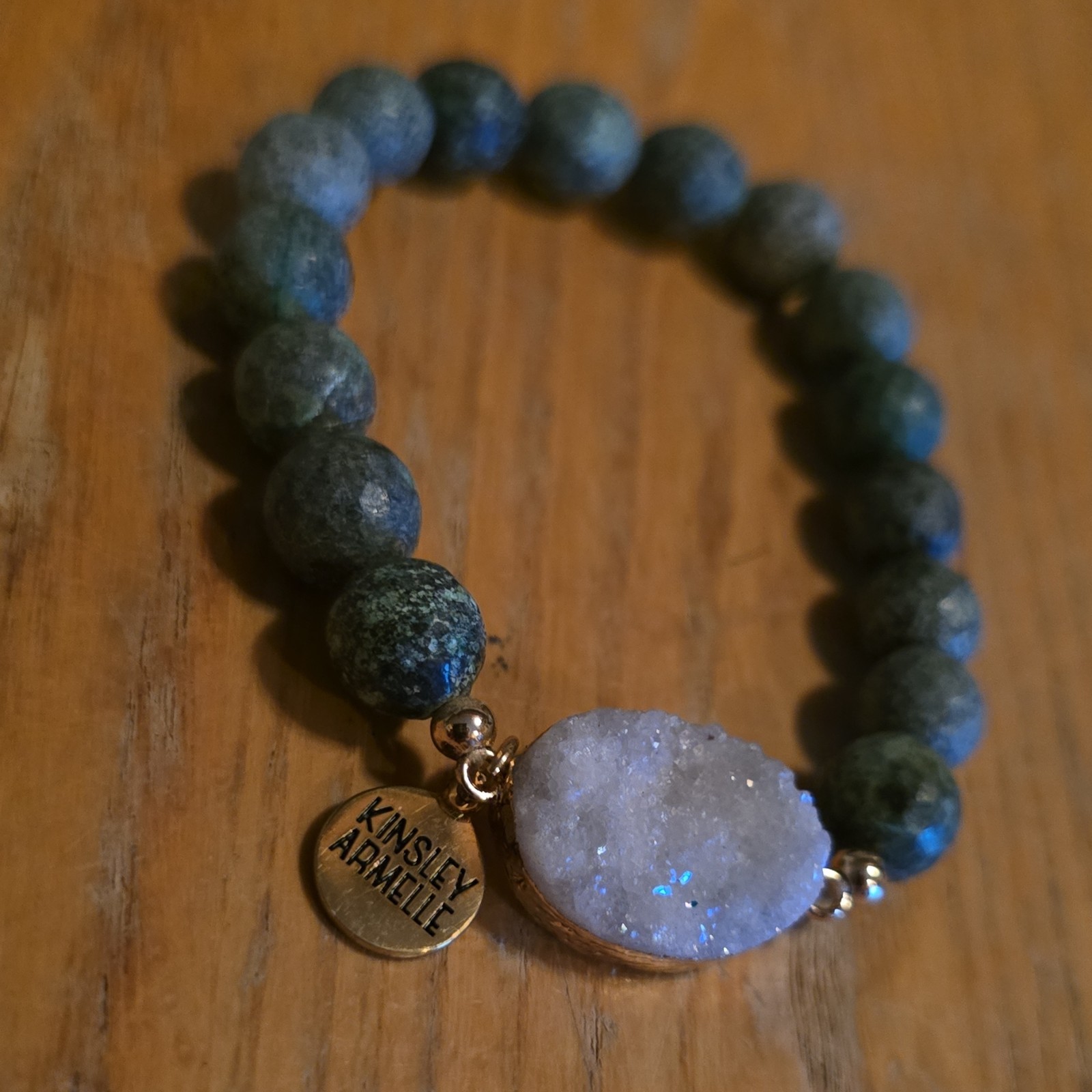 Kinsley Armelle Blue Beaded Stretch Bracelet Oval White Druzy Dangle Signed