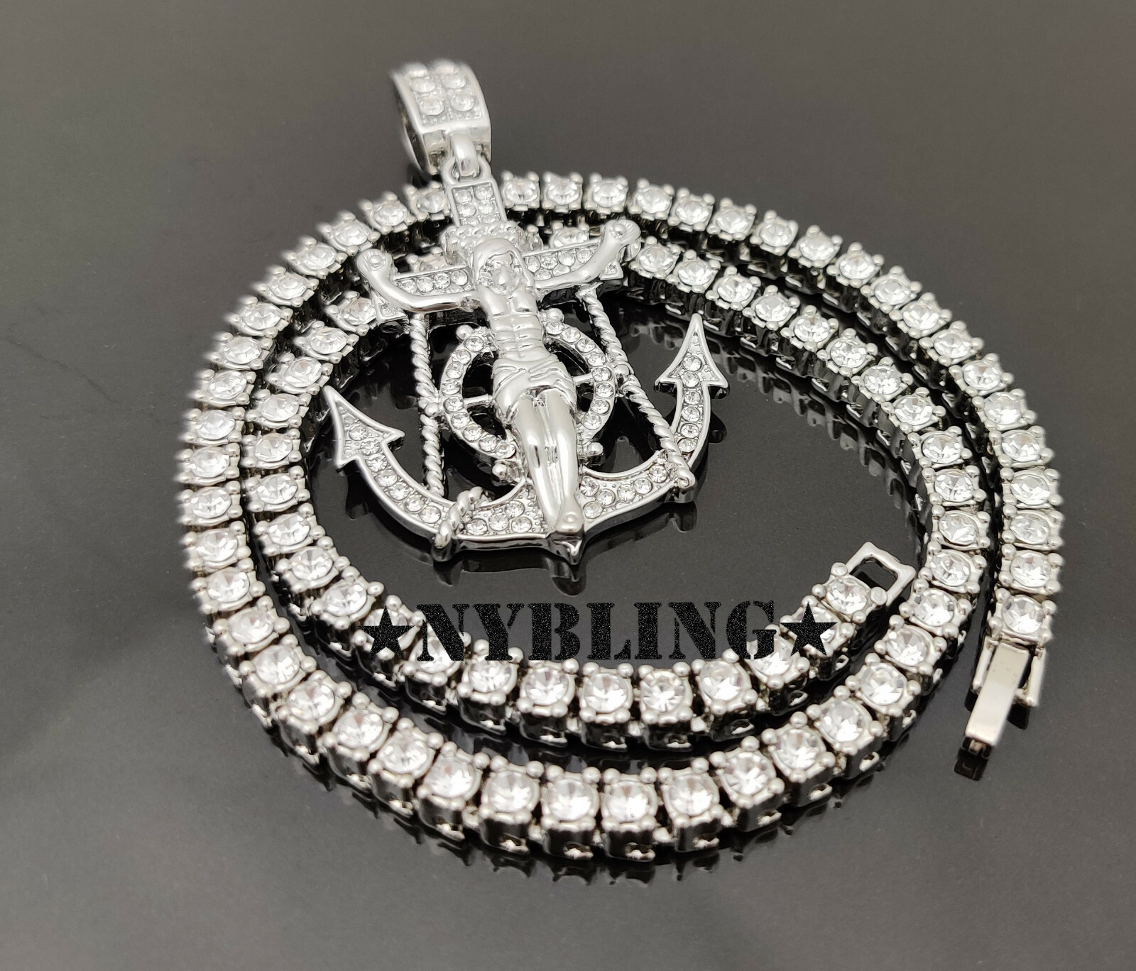 ICED Jesus Anchor Pendant with Tennis Chain Necklace Plated Hip Hop CZ Jewelry