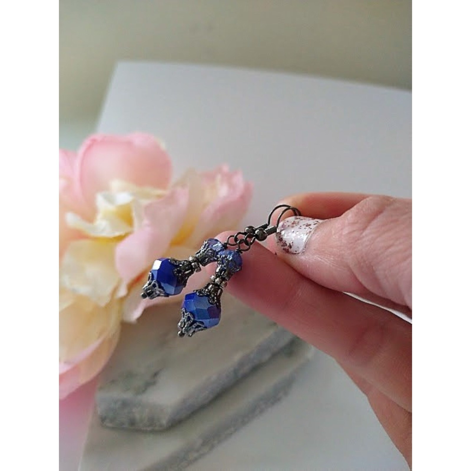 Sparkling Blue Glass Gray Gunmteal Dangle Bridesmaid Earrings Gift For Her