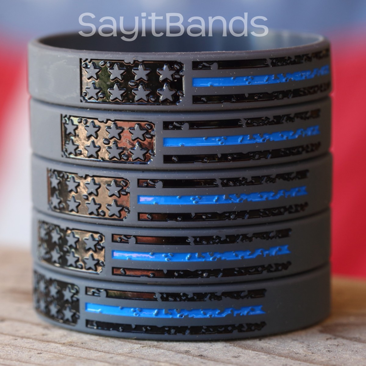 Five (5) Vintage Flag Thin BLUE Line Wristbands Police Band Awareness Bracelets