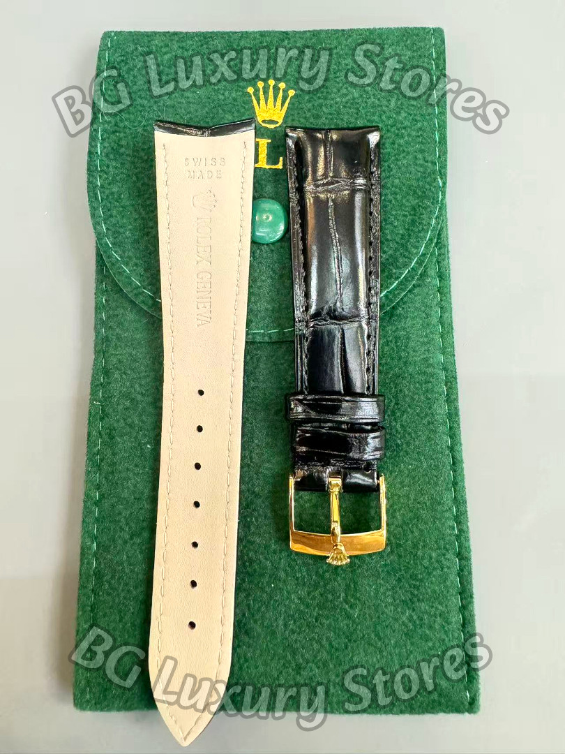 ROLEX Black Crocodile Leather Watch Strap 20-16mm Gold Buckle Vintage NOS