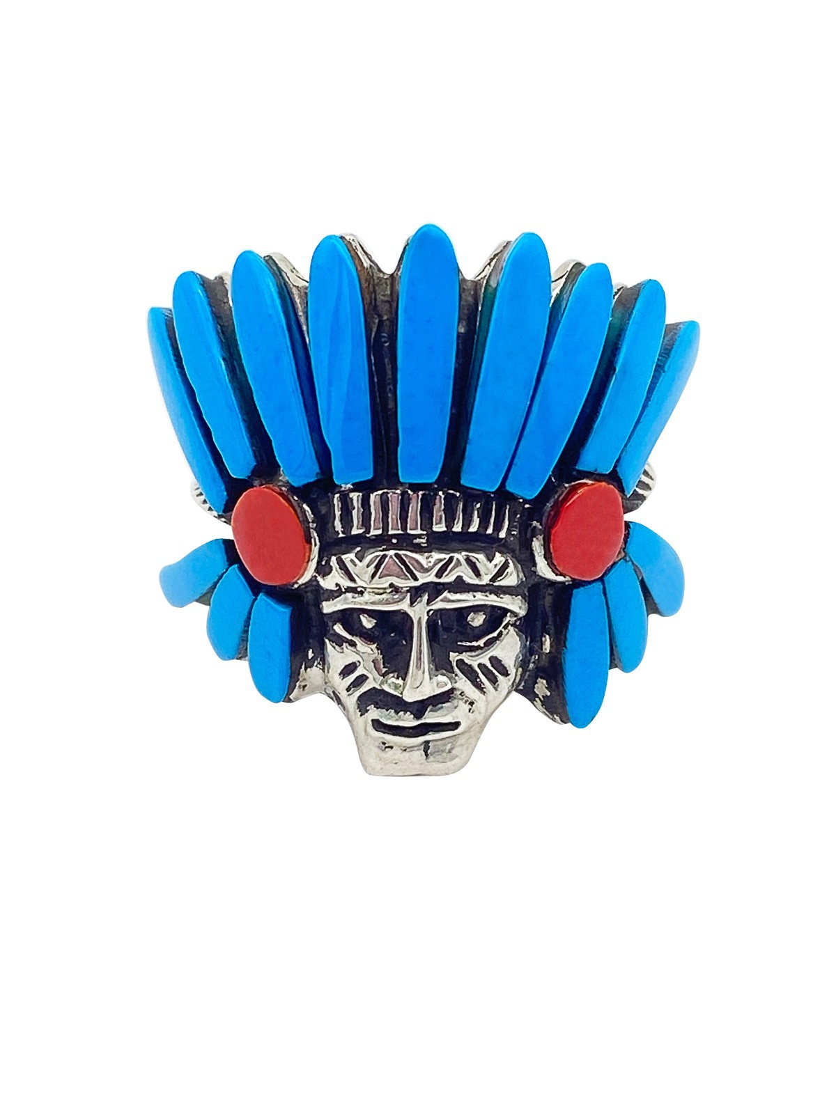 Native American Silver Chief Ring with Blue Turquoise Stone Navajo