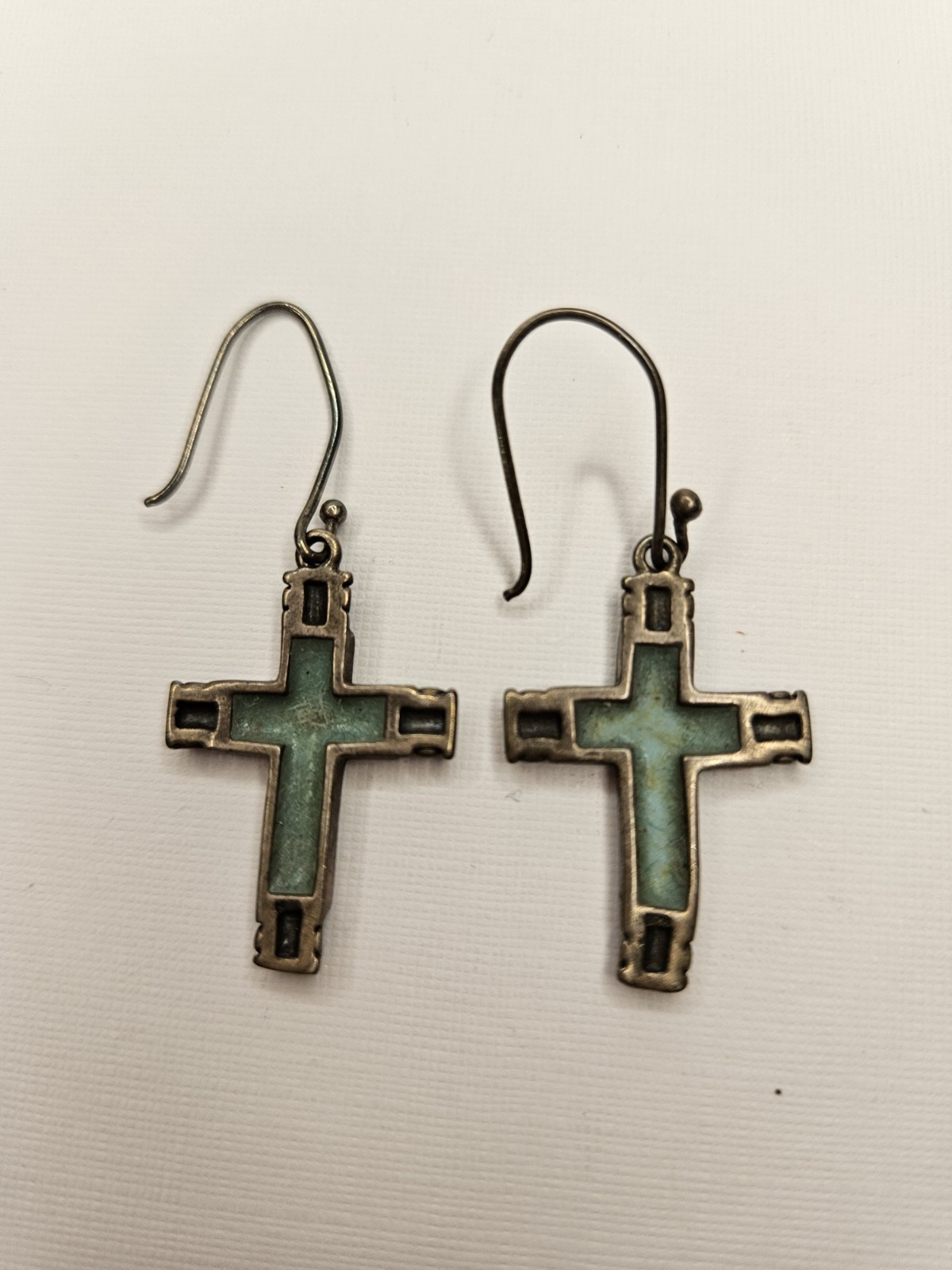 Silver Tone Blue Stone Cross Dangle Drop Hook Earrings Religious Theme
