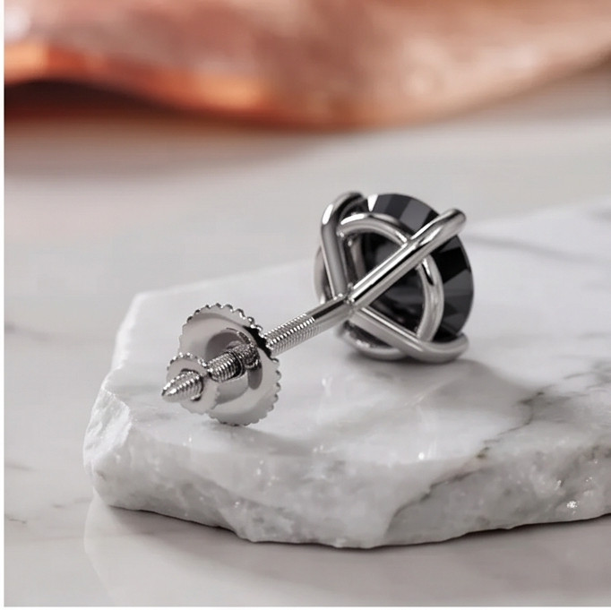 Natural Black Diamond Stud Earrings Martini Setting 14K Gold ScrewBack Men Women
