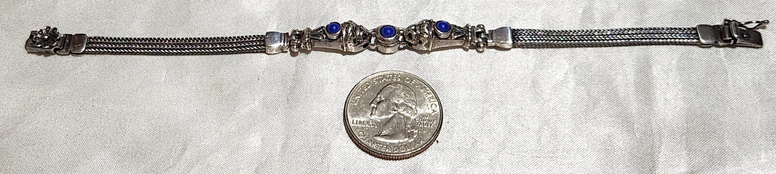 Sterling Silver Lapis Lazuli 3 Stone 4mm Wheat Chain 7 In Bracelet Signed OA 925