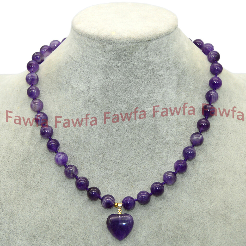 Natural 6/8/10/12mm Purple Amethyst Round Beaded Heart shaped Pendant Necklace