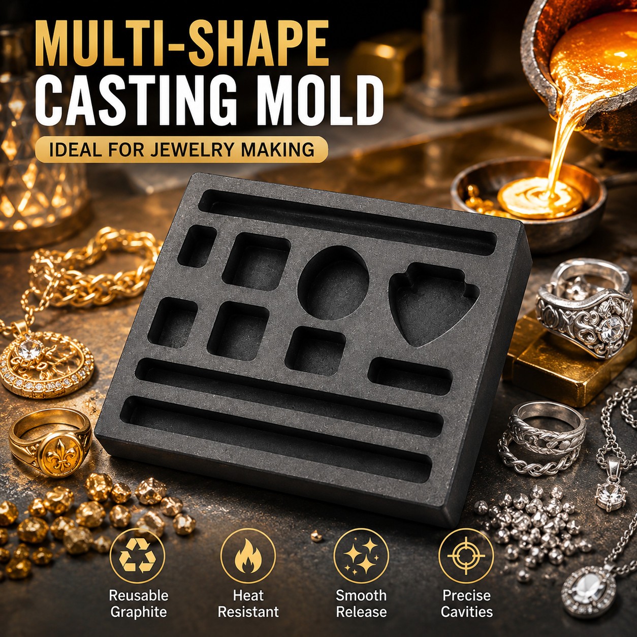 Graphite Ingot Casting Mold 4x4in Gold Silver Copper Bar Coin Tool Block Set Die