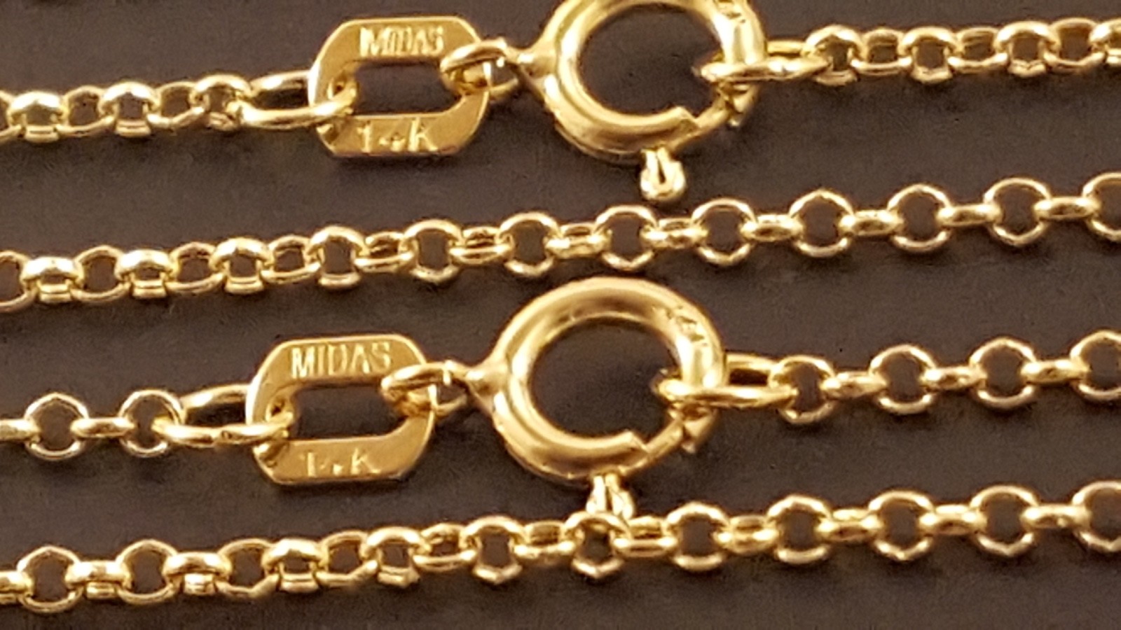 14K Solid Yellow Gold 1.55 mm Rolo Chain Necklace 16″, 18”, 20″, 22″, 24”.
