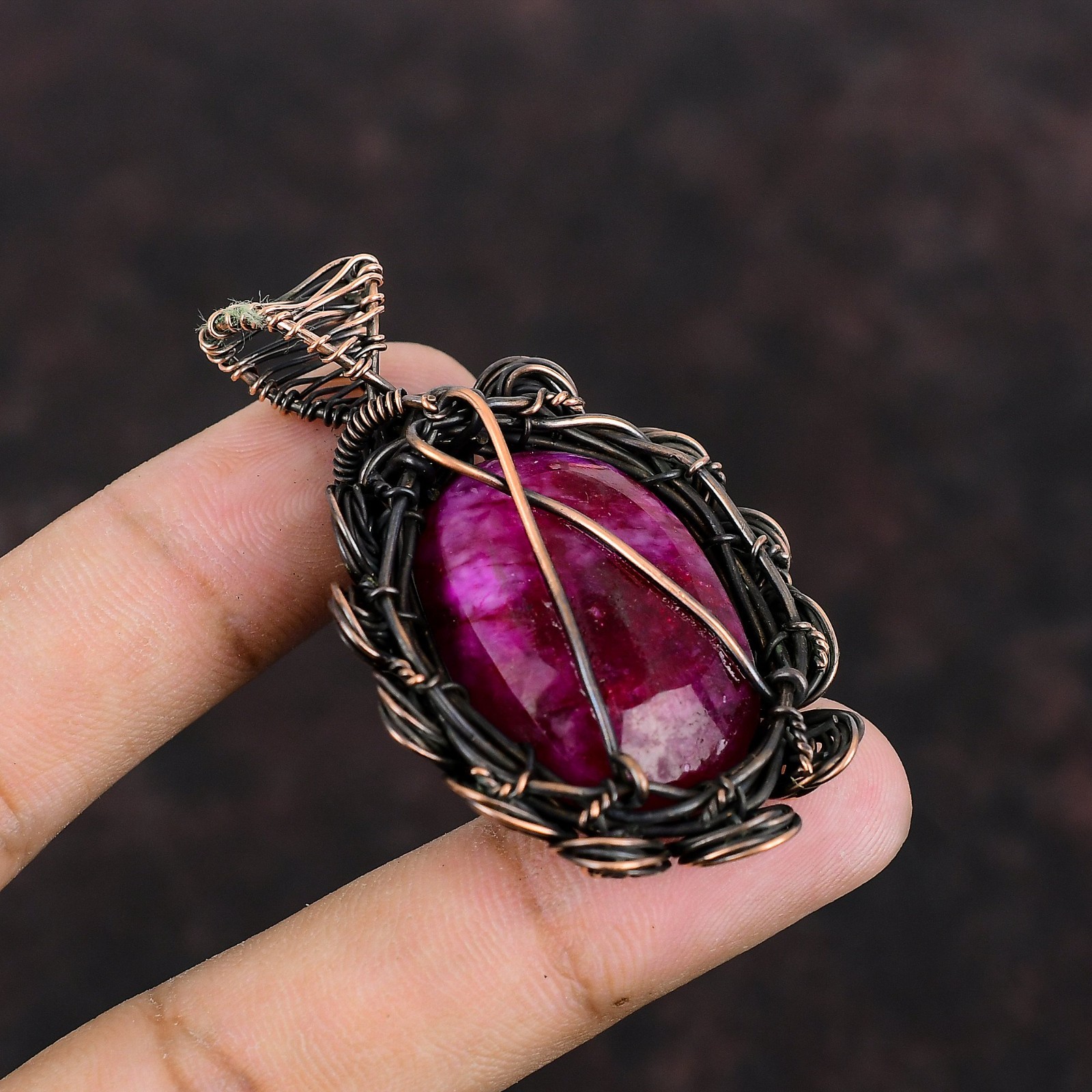 Sisters Day Deal Kashmir Rubi Stone Wire Wrapped Flower Pendant Jewelry Copper