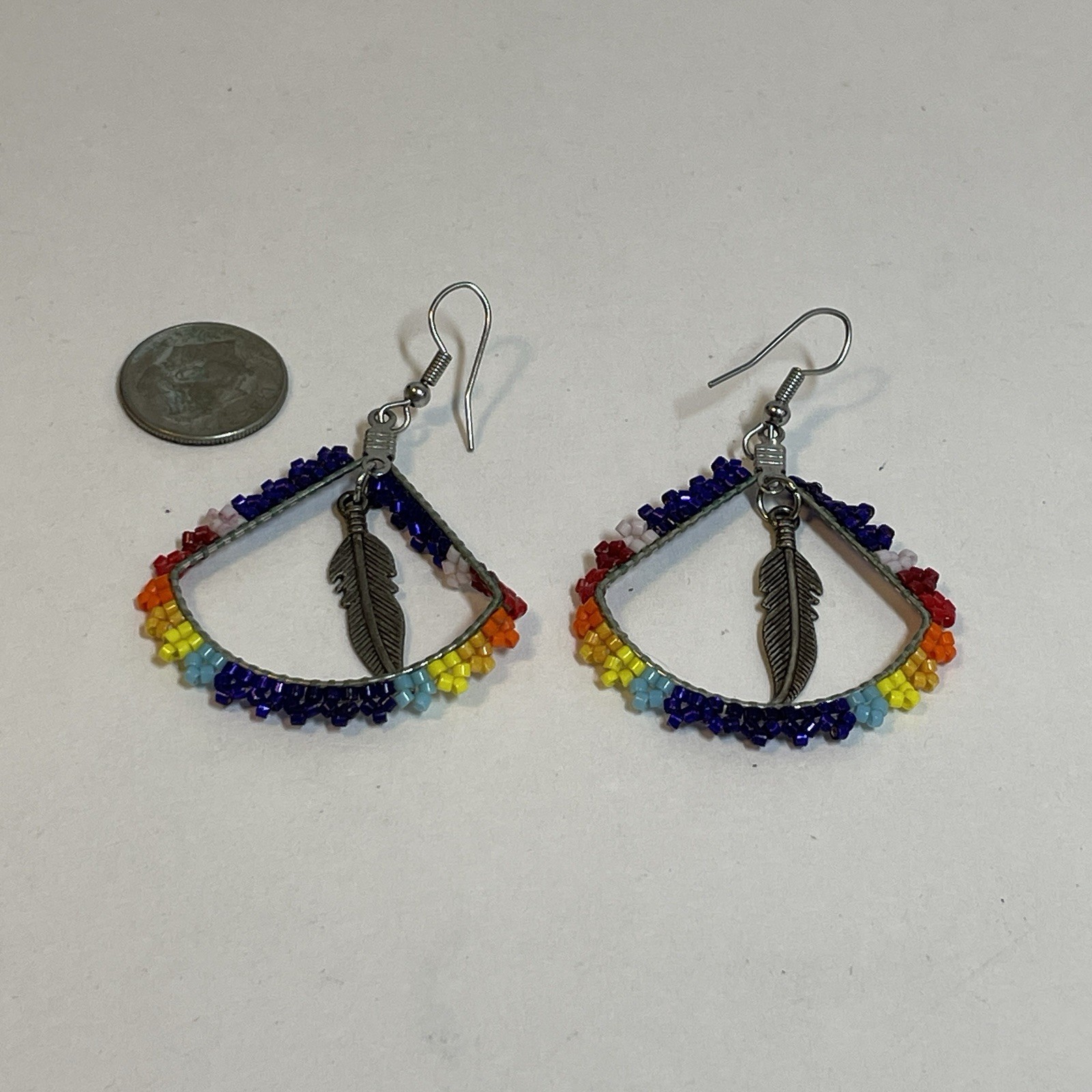 Vintage Rainbow Seed Bead Hoop Wire Earrings Silver Tone Festival Boho Colorful