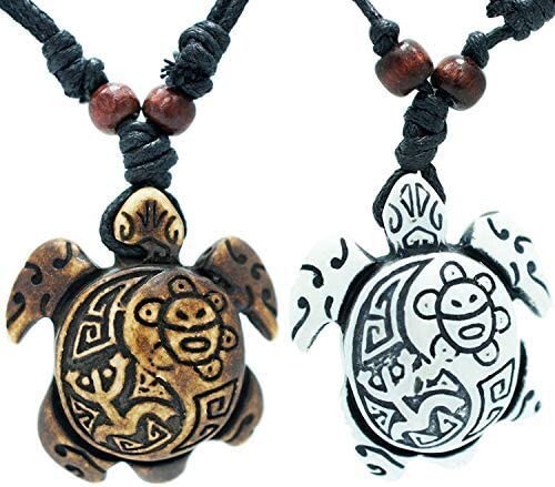 Lot of 2, White & Brown Wood Turtle Pendant Rope Necklace, Sun, Cotton Cord