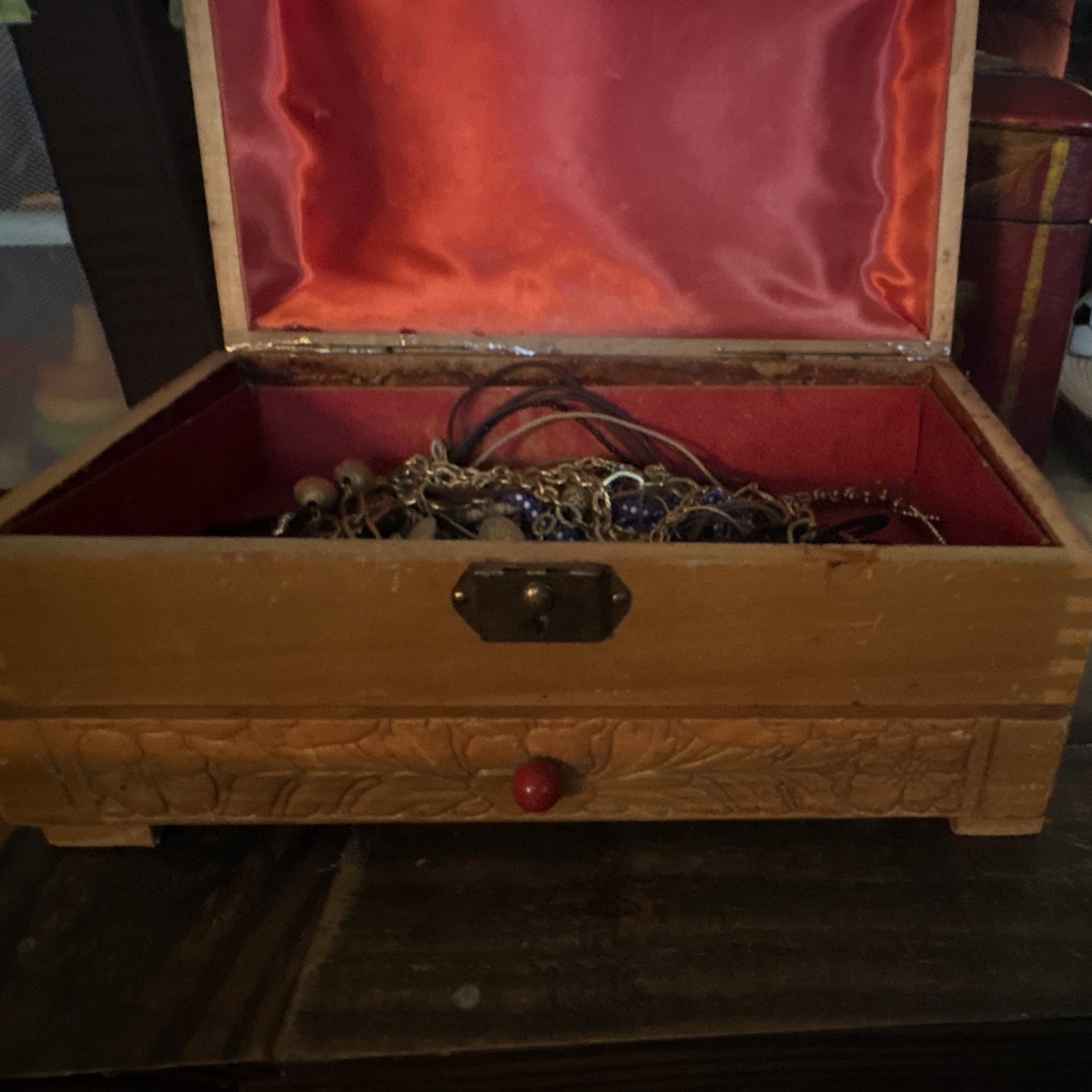 Wood Jewelry Box w/ Drawer, Red Interior, 2 Compartments Rectangle for Rings