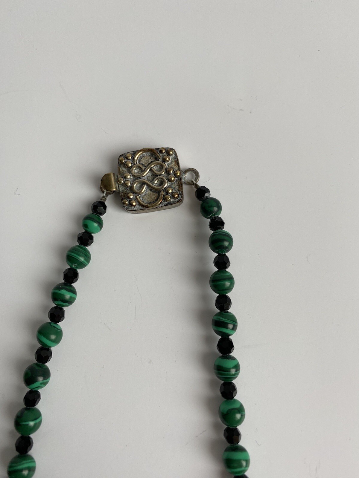 Malachite Gemstone Bead Necklace w/Black Crystals 22”L + Earrings EXCELLENT