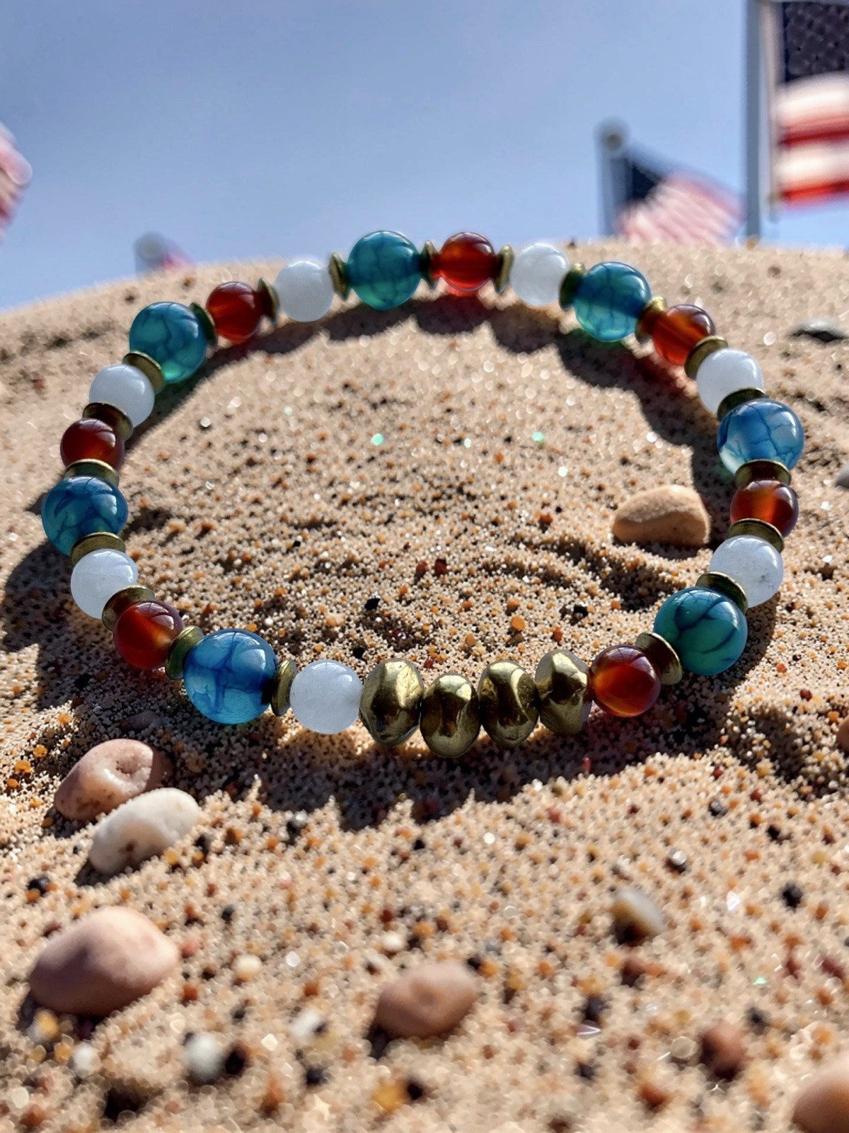 Independence Day Patriotic Stretch Gemstone Bracelet, With Solid Brass Nuggets