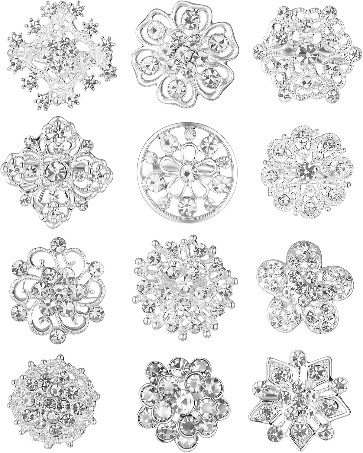 12 Pieces Sliver Crystal Wedding Bouquet Brooches for Women, Rhinestone Flower B