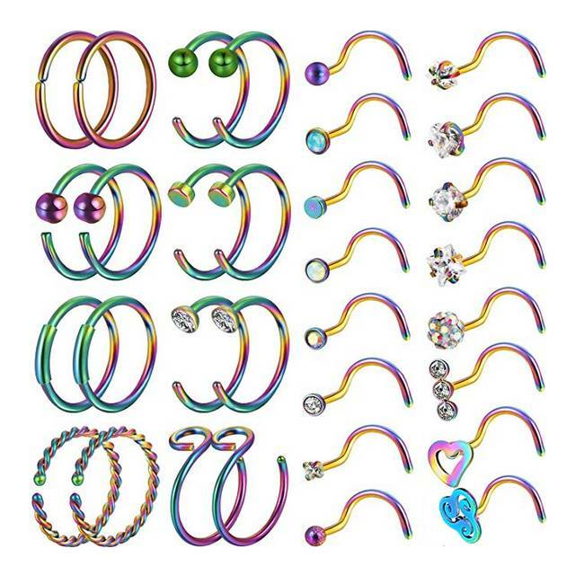 32PCS/LOT Nose Hoop & L/Bone/Screw Shaped Nose Studs Ear Lip Ring Piercing 20G