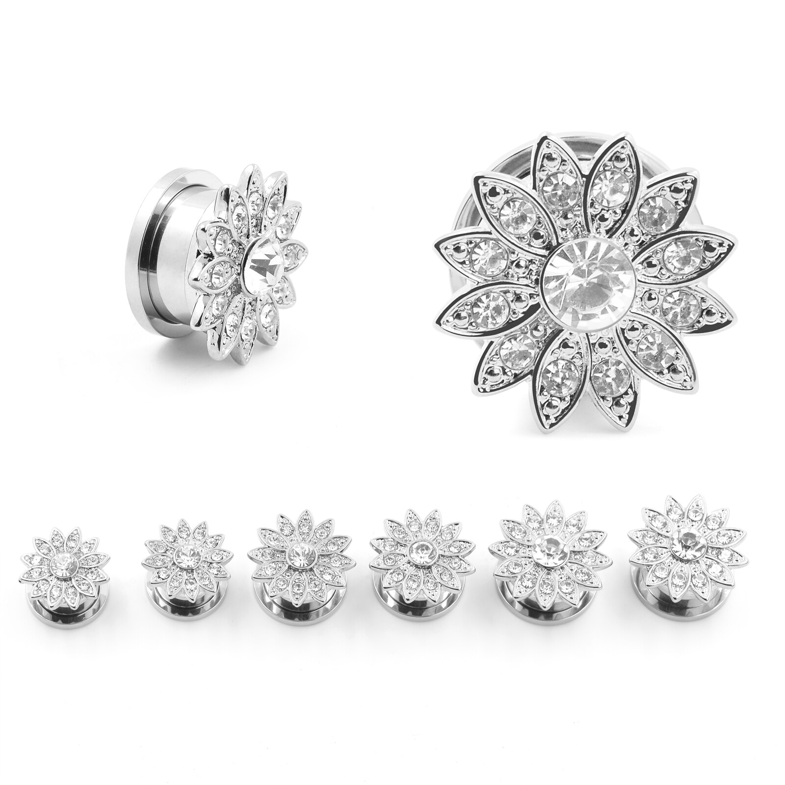 Pair Ear Gauges Stainless Steel Ear Plugs Flesh Tunnels Gem Flower Shell 6-25MM